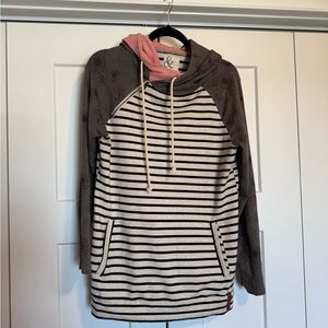 AMPERSAND AVE Striped Hoodie with Pink and Gray floral sleeves